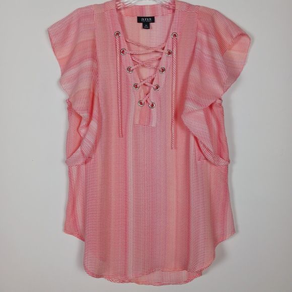 A.N.A. A New Approach XS Flutter Sleeve Blouse Pink Stripe Pre-owned - Picture 1 of 7